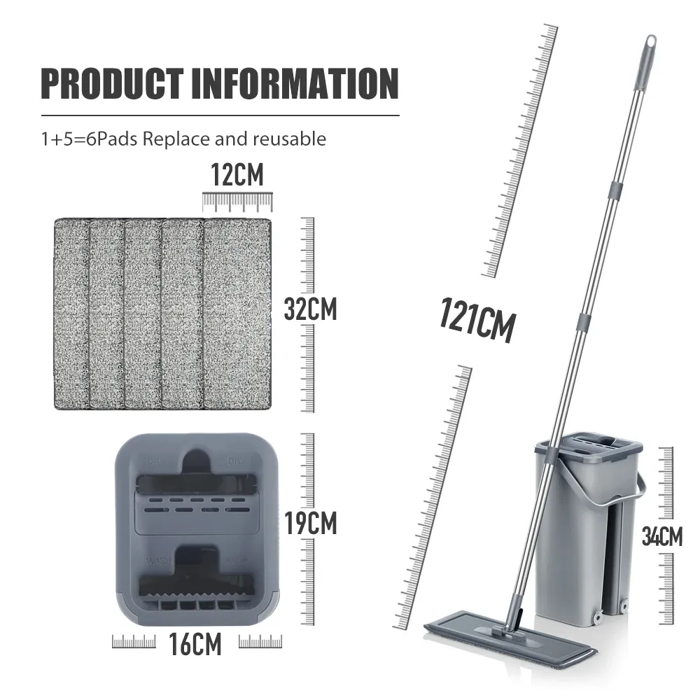 Vadrouille plate à presser avec seau rotatif et essorage mains libres, tampons microfibre pour bois dur et stratifié 12