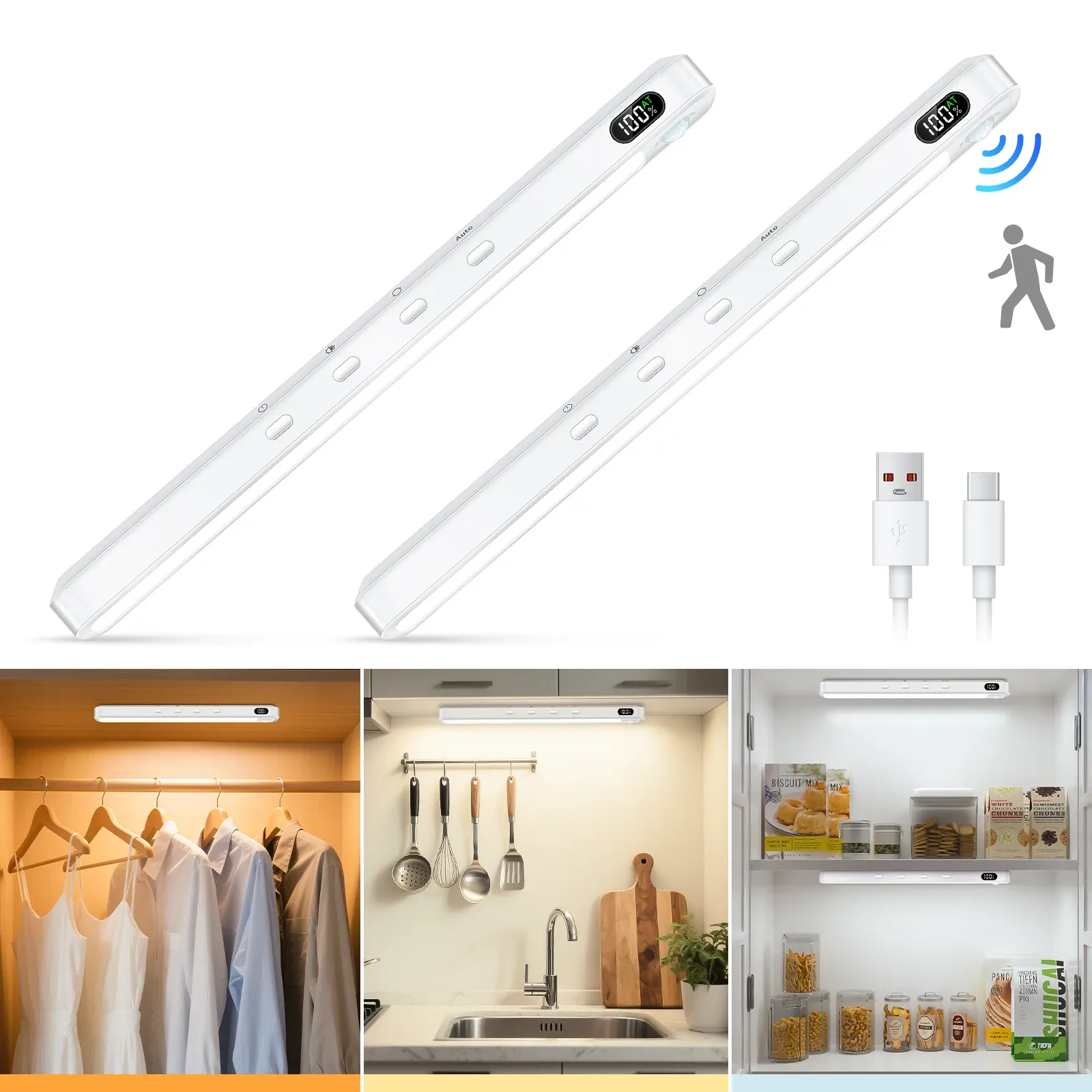 WILLED – Lumière d'armoire avec capteur de mouvement, rechargeable, 3 couleurs, barre lumineuse magnétique à intensité variable, veilleuse pour armoire, placard et bureau 9