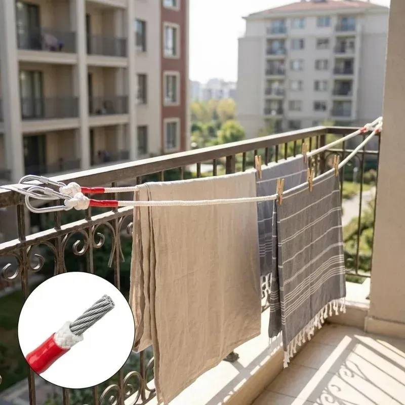 Corde à linge en fil métallique 5/10 m, robuste, coupe-vent, sans perçage, pour séchage du linge et fixation de tentes de voyage en extérieur 3
