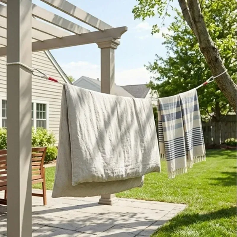 Corde à linge en fil métallique 5/10 m, robuste, coupe-vent, sans perçage, pour séchage du linge et fixation de tentes de voyage en extérieur 4