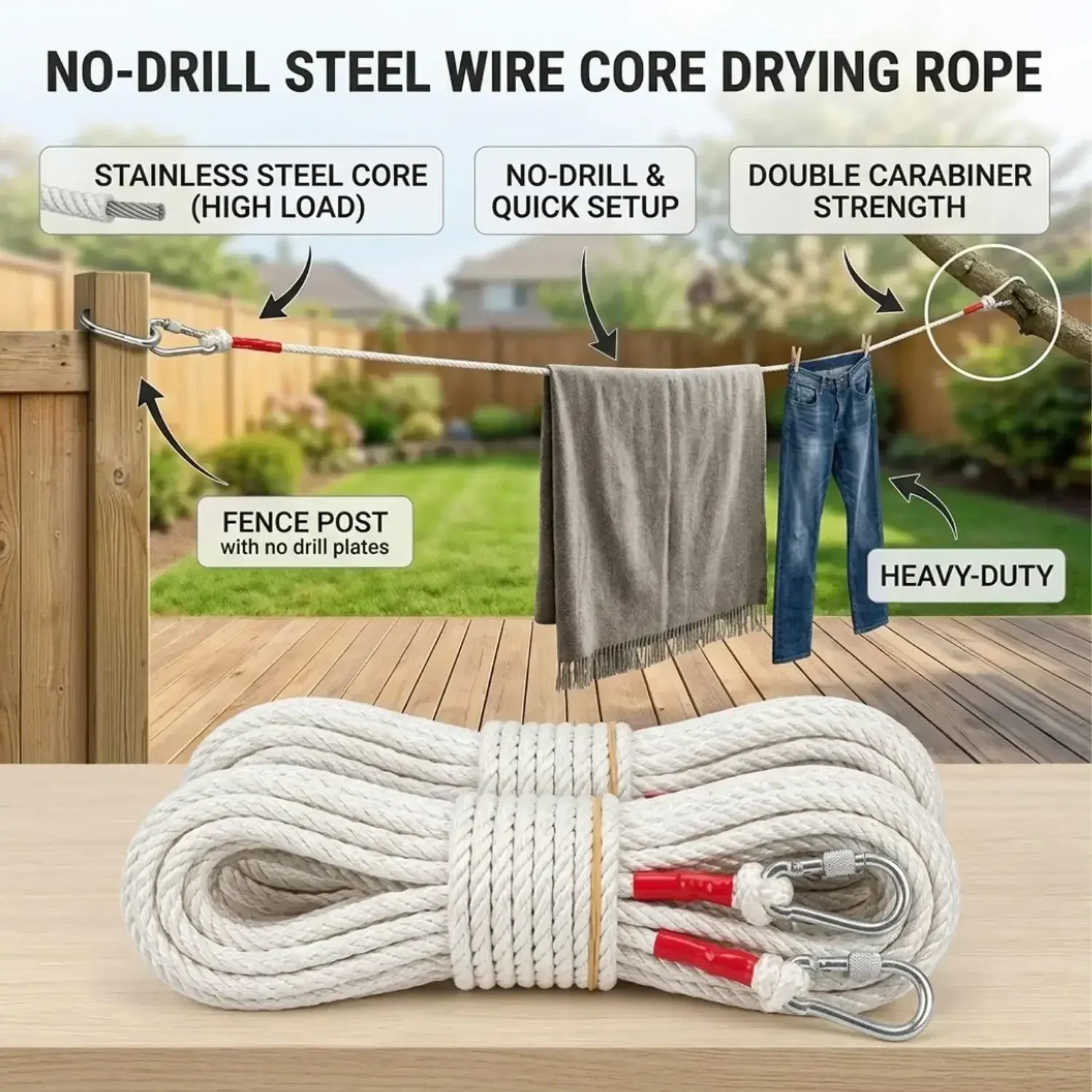 Détail de la corde à linge en fil métallique