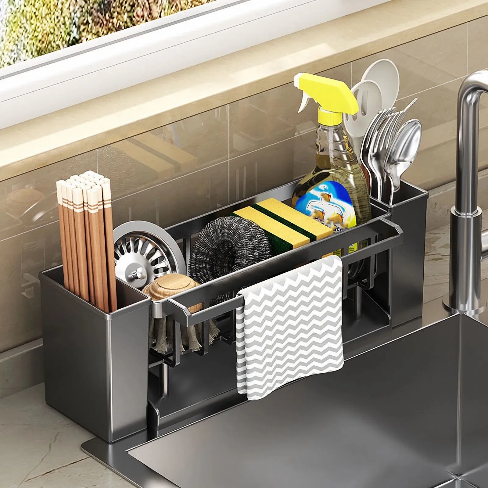 Organisateur d'évier de cuisine, porte-éponge avec support pour brosse, égouttoir pour torchons, organisateur de salle de bain, support pour robinet d'évier - Image 1