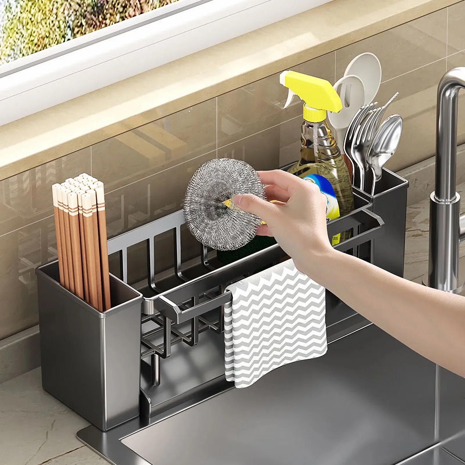 Organisateur d'évier de cuisine, porte-éponge avec support pour brosse, égouttoir pour torchons, organisateur de salle de bain, support pour robinet d'évier 2