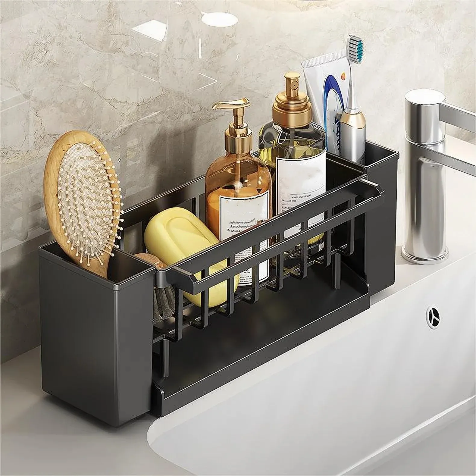 Organisateur d'évier de cuisine, porte-éponge avec support pour brosse, égouttoir pour torchons, organisateur de salle de bain, support pour robinet d'évier 4