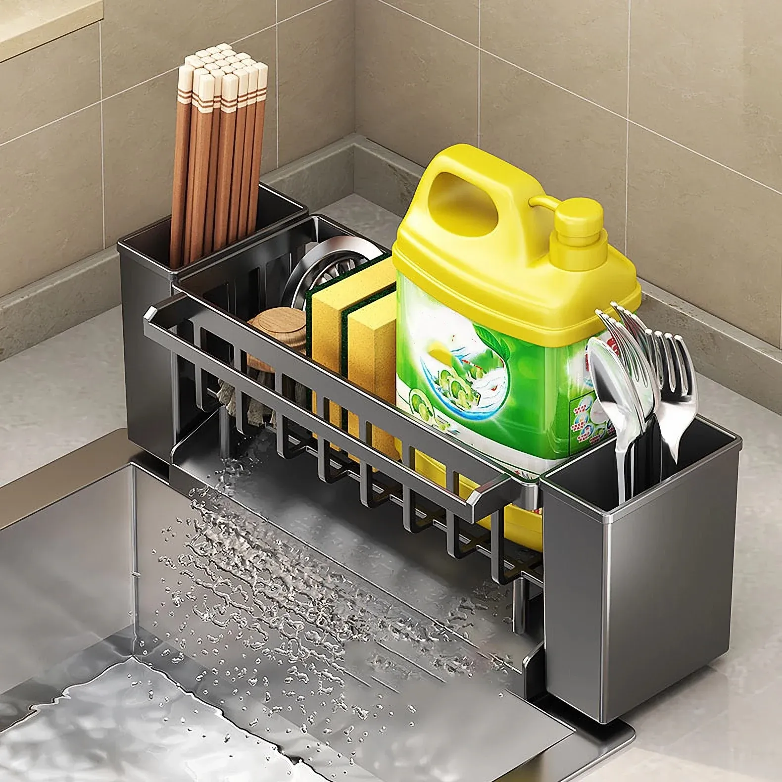 Organisateur d'évier de cuisine, porte-éponge avec support pour brosse, égouttoir pour torchons, organisateur de salle de bain, support pour robinet d'évier 5
