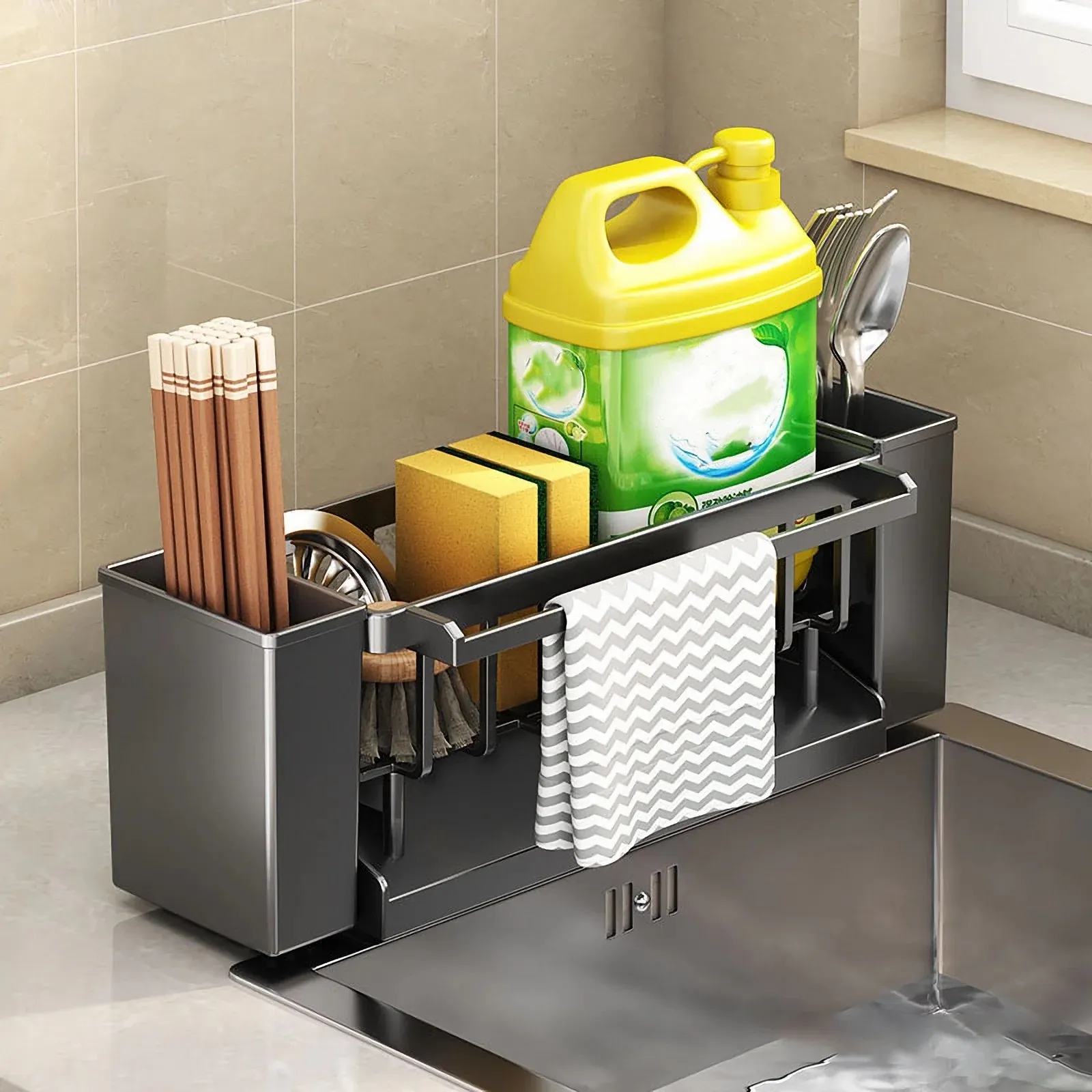 Organisateur d'évier de cuisine, porte-éponge avec support pour brosse, égouttoir pour torchons, organisateur de salle de bain, support pour robinet d'évier 6
