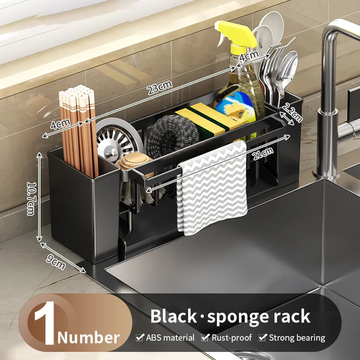 Organisateur d'évier de cuisine, porte-éponge avec support pour brosse, égouttoir pour torchons, organisateur de salle de bain, support pour robinet d'évier 7