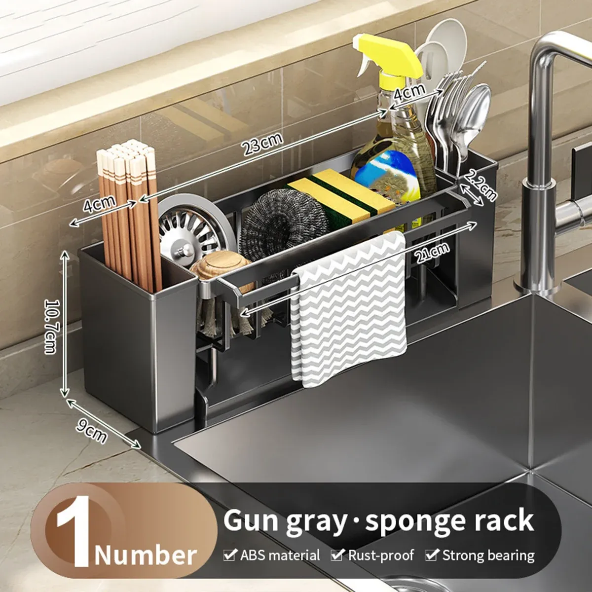 Organisateur d'évier de cuisine, porte-éponge avec support pour brosse, égouttoir pour torchons, organisateur de salle de bain, support pour robinet d'évier 8