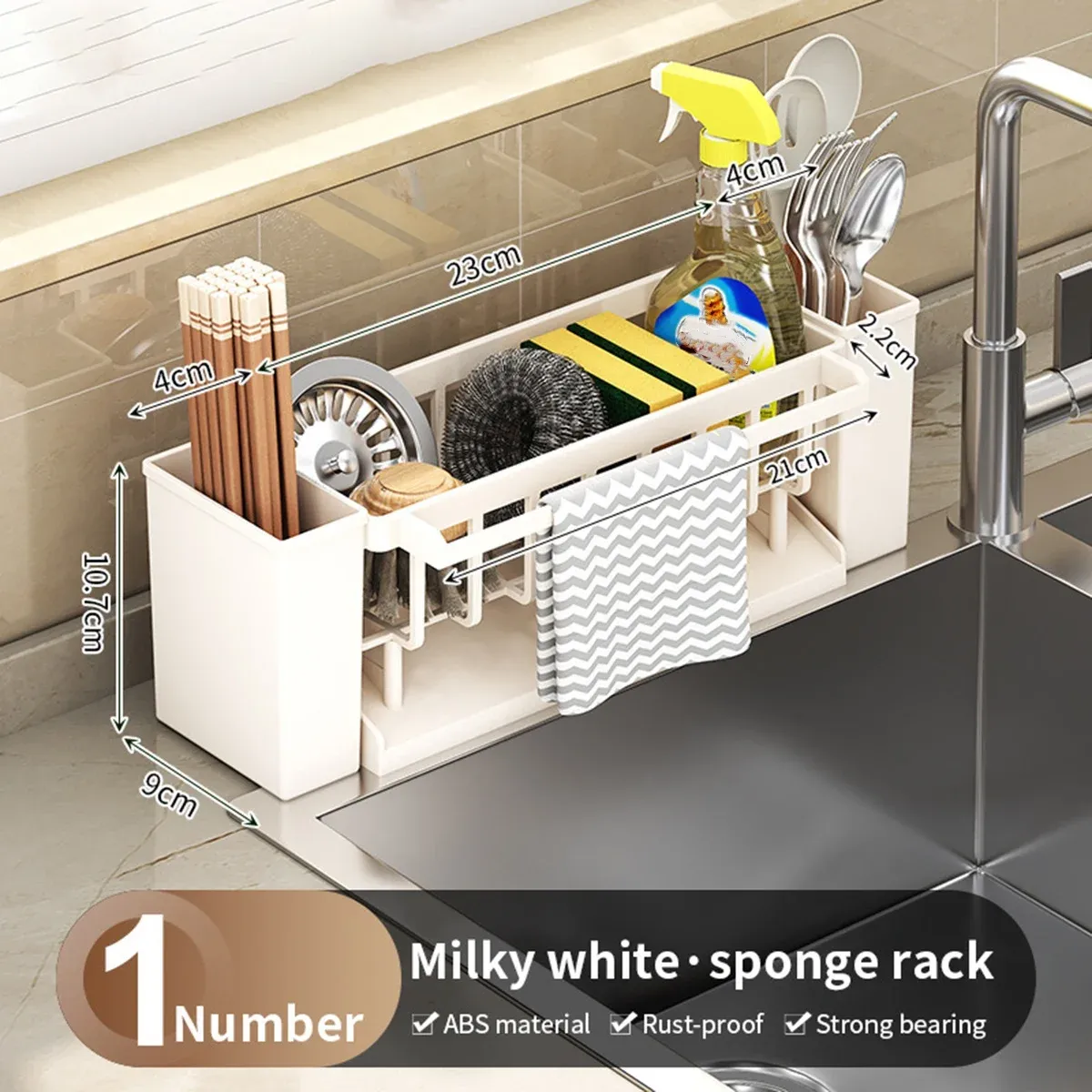 Organisateur d'évier de cuisine, porte-éponge avec support pour brosse, égouttoir pour torchons, organisateur de salle de bain, support pour robinet d'évier 9