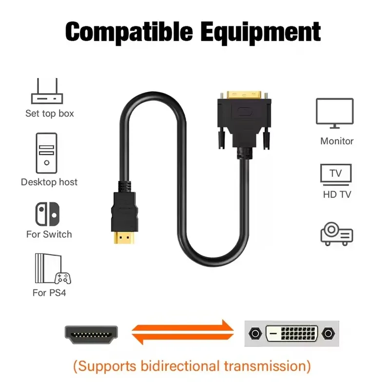 Câble adaptateur HDMI vers DVI 1080p, bidirectionnel, compatible PC, TV, box, PS4, lecteur DVD et vidéoprojecteur 2
