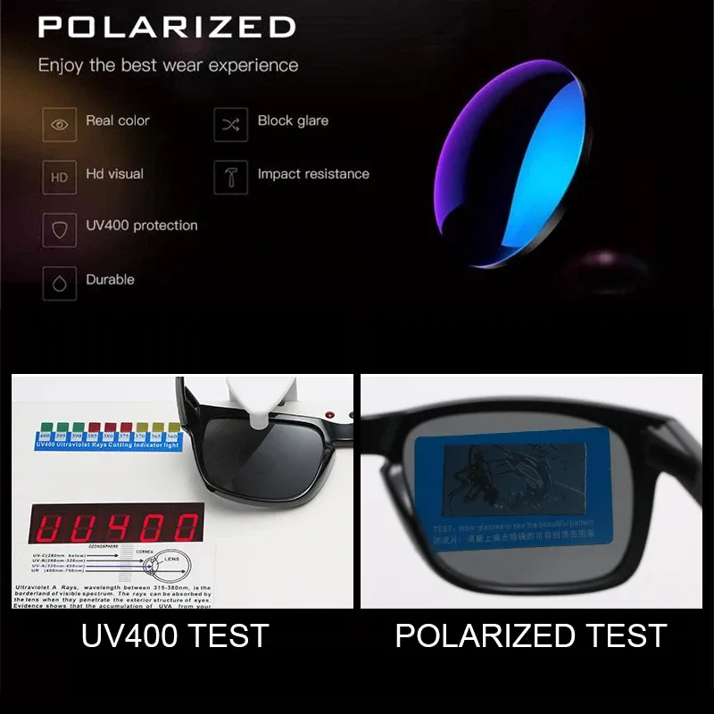 Lunettes de soleil carrées polarisées unisexes, style vintage, monture noire en plastique, protection UV400, idéales pour les sports de plein air 6