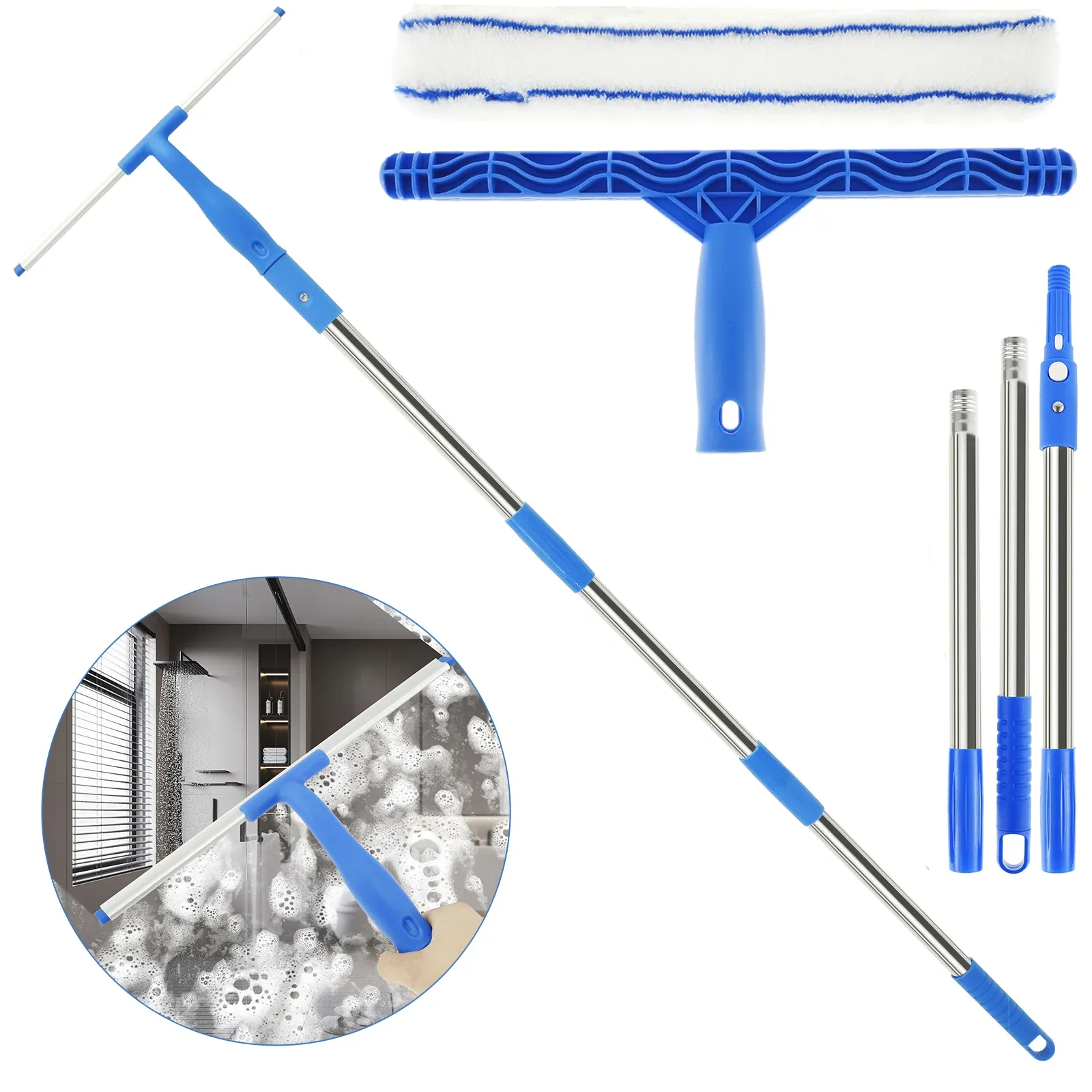 Brosse à vitres 3 en 1 avec manche long de 53 pouces, raclette nettoyante professionnelle pour vitres et taches d'eau, usage domestique et salle de bain - Image 1
