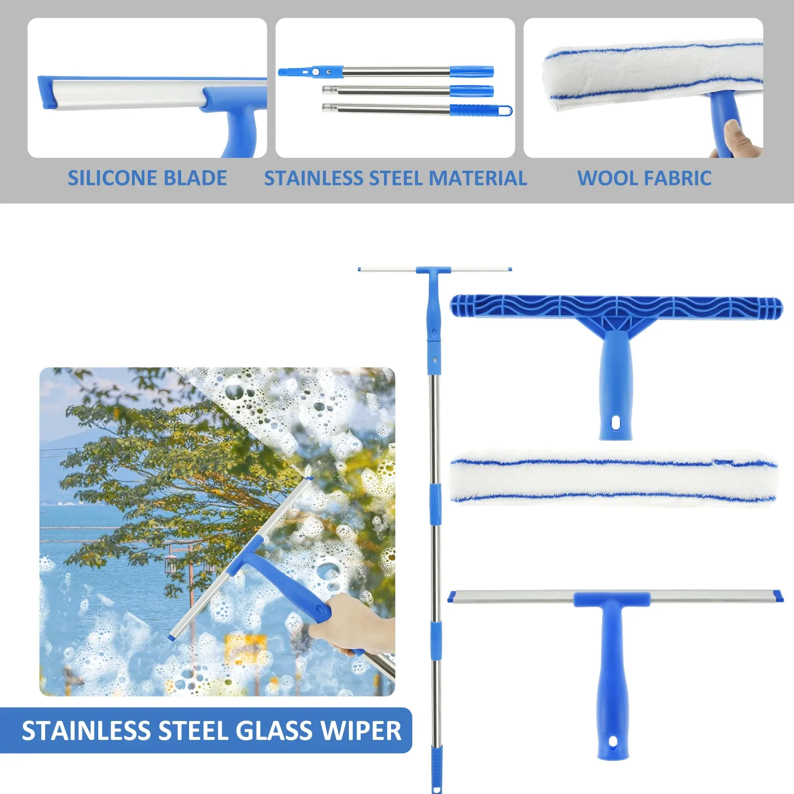 Brosse à vitres 3 en 1 avec manche long de 53 pouces, raclette nettoyante professionnelle pour vitres et taches d'eau, usage domestique et salle de bain 5