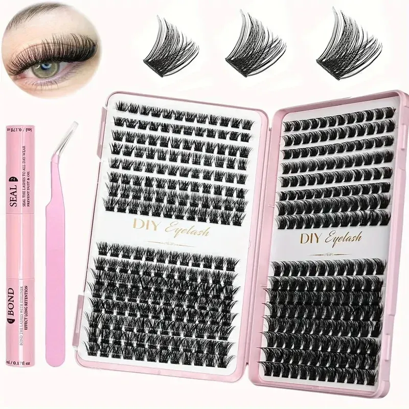 Kit d'extension de cils DIY avec colle et fixateur – 384 bouquets de cils courbure D, pince spéciale incluse - Image 1