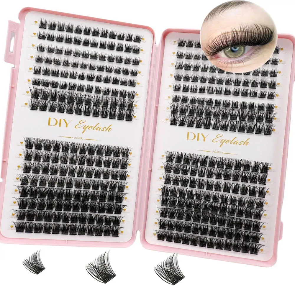 Kit d'extension de cils DIY avec colle et fixateur – 384 bouquets de cils courbure D, pince spéciale incluse 6
