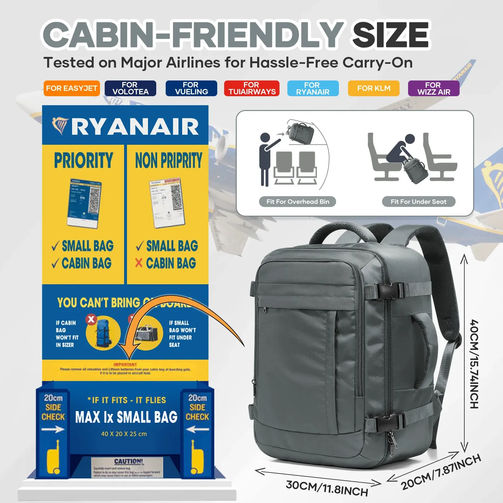 Sac cabine Ryanair 40x30x20 cm, sac à dos de voyage format sous-siège, sac cabine avion, sac à dos d'extérieur pour ordinateur portable 2