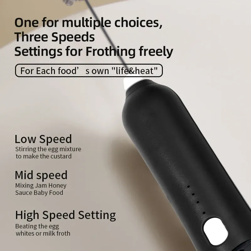 Mousseur à lait électrique chauffant et batteur à œufs sans fil rechargeable USB-C, 3 vitesses, portable 5