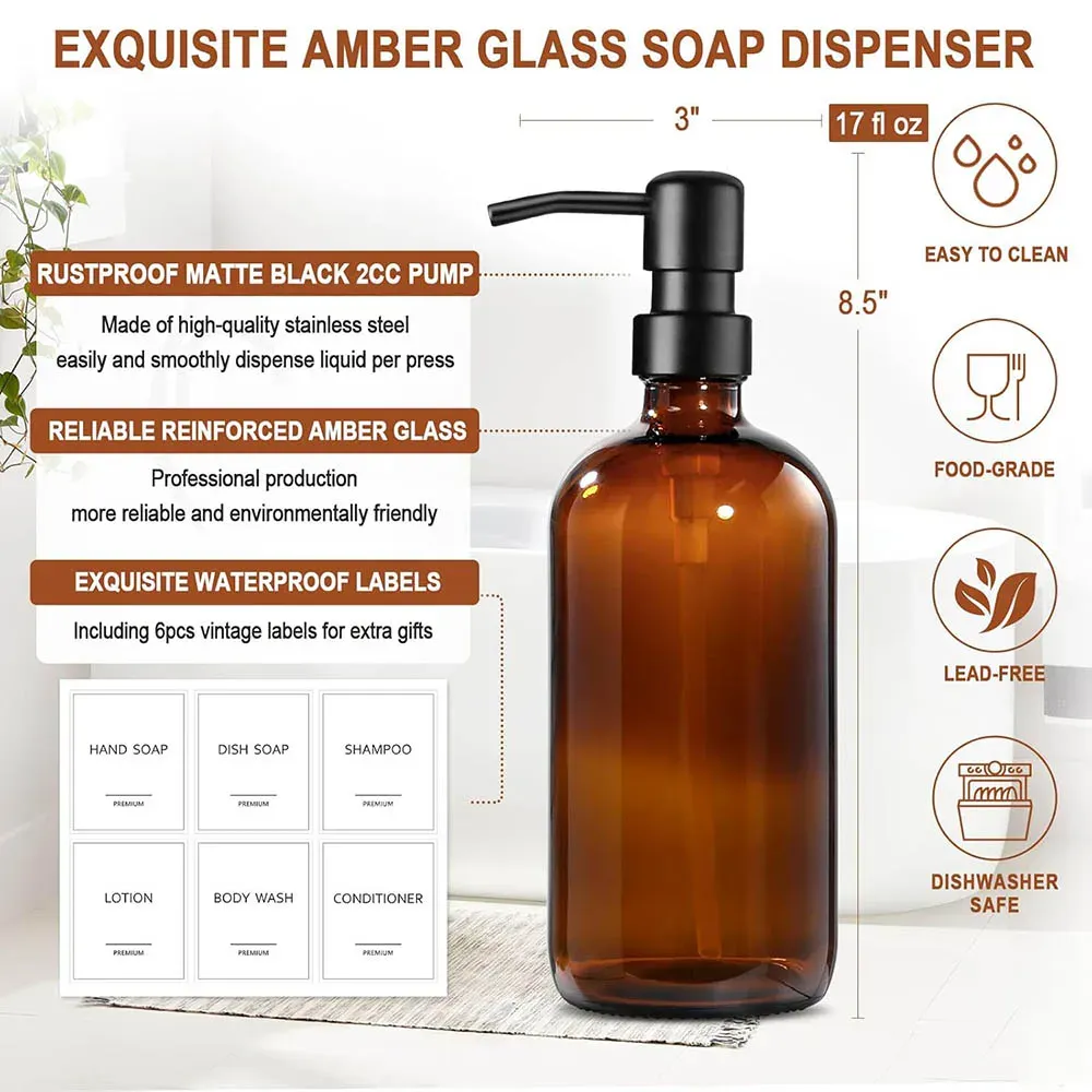Distributeur de savon en verre ambré, lot de 2 distributeurs de savon pour les mains de 17 oz (environ 500 ml) pour cuisine et salle de bain, avec pompe en acier inoxydable, vides 4