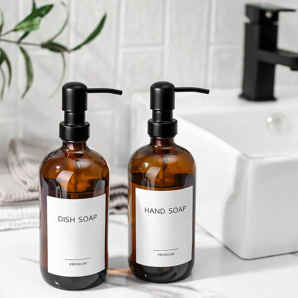 Distributeur de savon en verre ambré, lot de 2 distributeurs de savon pour les mains de 17 oz (environ 500 ml) pour cuisine et salle de bain, avec pompe en acier inoxydable, vides 5