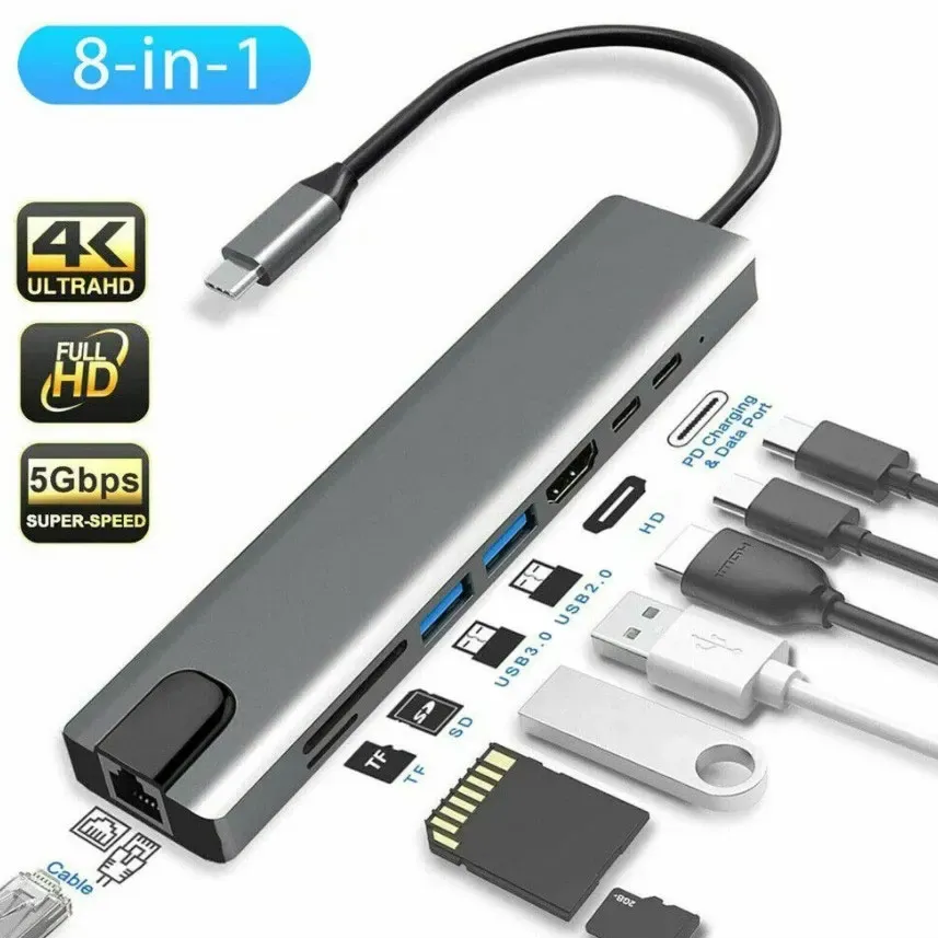Hub USB-C 8 en 1 avec sortie HDMI 4K, lecteur de cartes SD/TF, port RJ45 100 Mbps et charge rapide PD pour MacBook et ordinateur portable 1