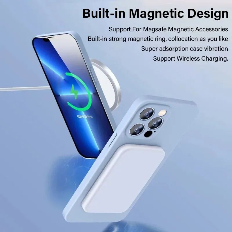 Coque magnétique MagSafe en silicone liquide pour iPhone 15, 14, 13, 12, 11, Pro Max, Mini, X, XS, 8 Plus 6