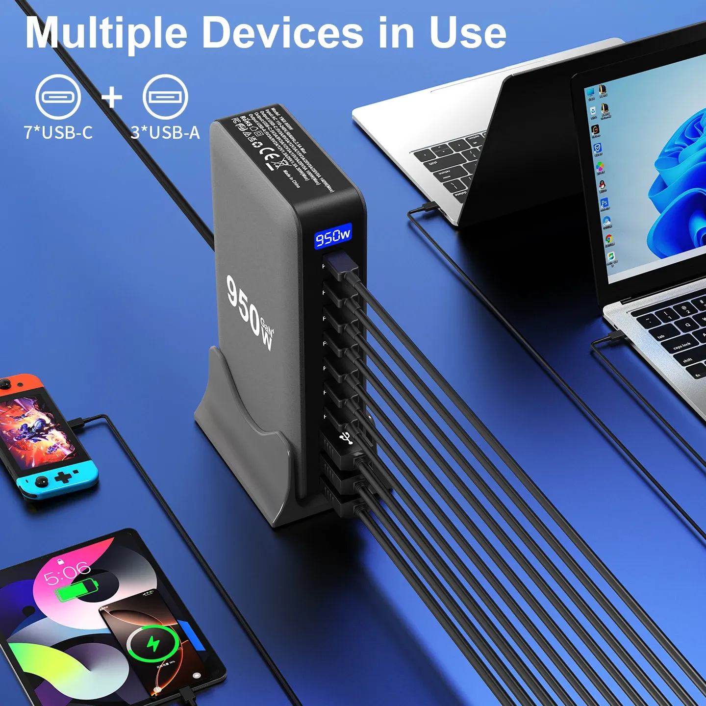 Chargeur USB-C GaN 950 W, 100 W PD 3.0 PPS QC 3.0, station de charge rapide multiport pour ordinateur portable, iPhone, Samsung, MacBook Pro et tablette 3