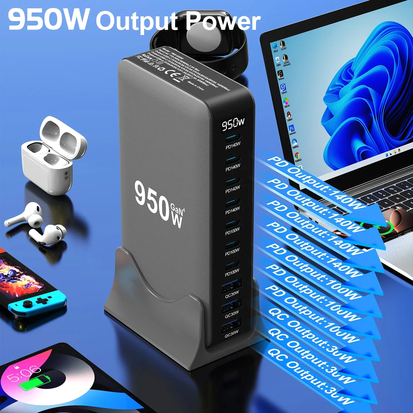 Chargeur USB-C GaN 950 W, 100 W PD 3.0 PPS QC 3.0, station de charge rapide multiport pour ordinateur portable, iPhone, Samsung, MacBook Pro et tablette 4