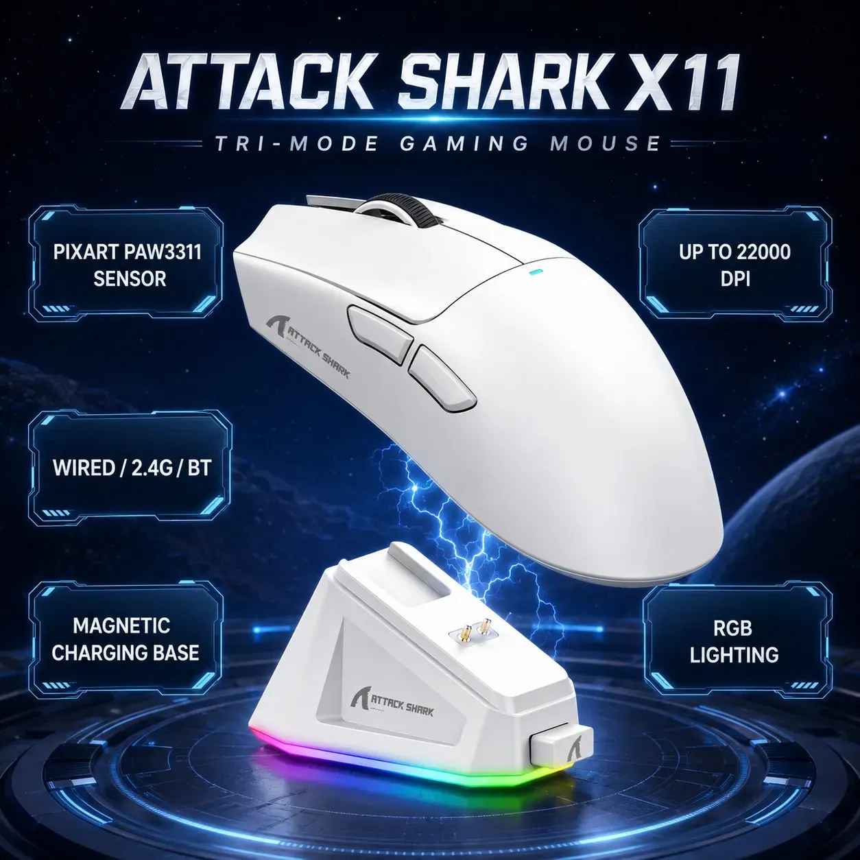 Souris de jeu légère ATTACK SHARK X11 - Tri-mode, PAW3311, 22 000 DPI, 400 IPS, 40 G, Taux de rafraîchissement 1 000 Hz, Charge rapide magnétique 1