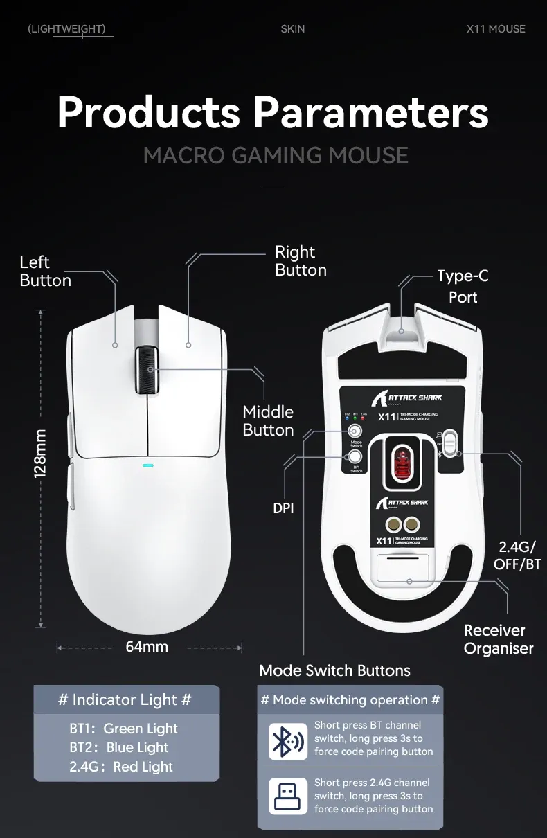 Attack Shark X11, souris de jeu légère vue d'ensemble