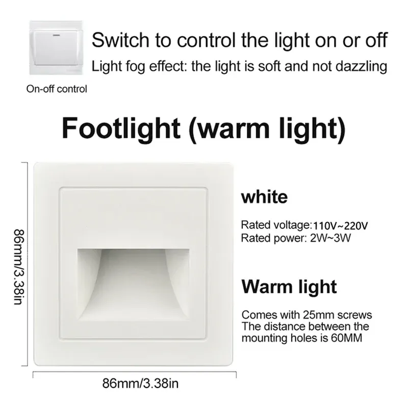 Détecteur de mouvement PIR avec capteur de lumière, lampe LED murale encastrée pour escalier et chambre à coucher, veilleuse LED, AC 110 V-220 V 3