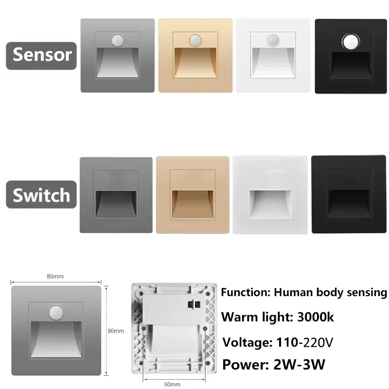 Détecteur de mouvement PIR avec capteur de lumière, lampe LED murale encastrée pour escalier et chambre à coucher, veilleuse LED, AC 110 V-220 V 2