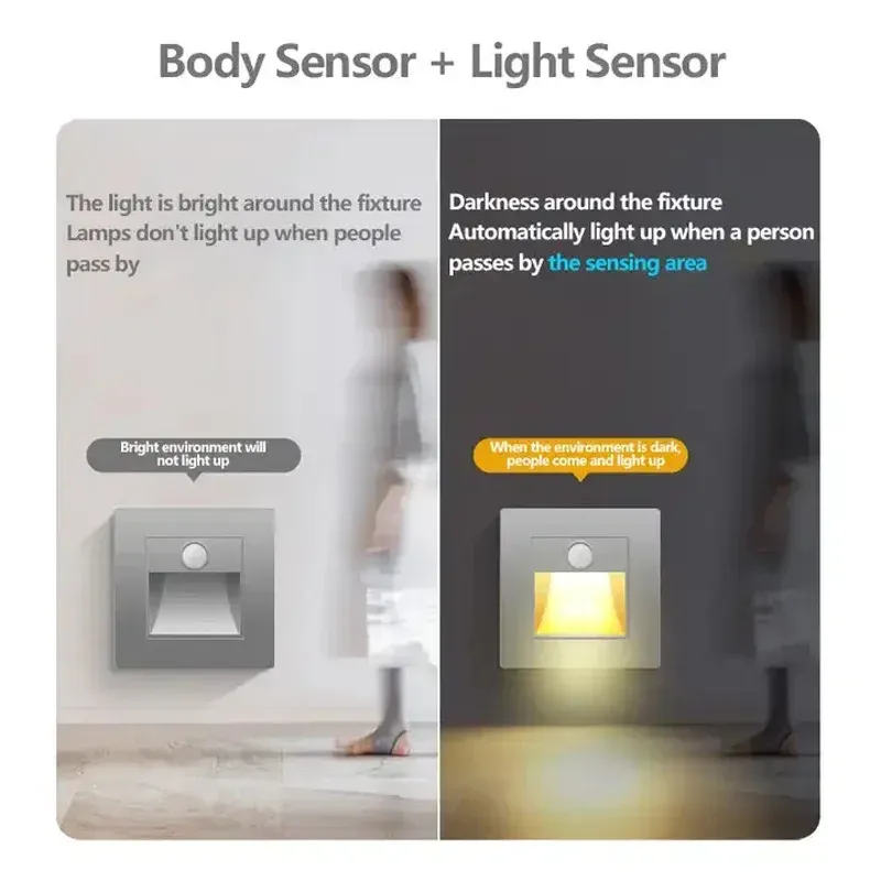 Détecteur de mouvement PIR avec capteur de lumière, lampe LED murale encastrée pour escalier et chambre à coucher, veilleuse LED, AC 110 V-220 V 4