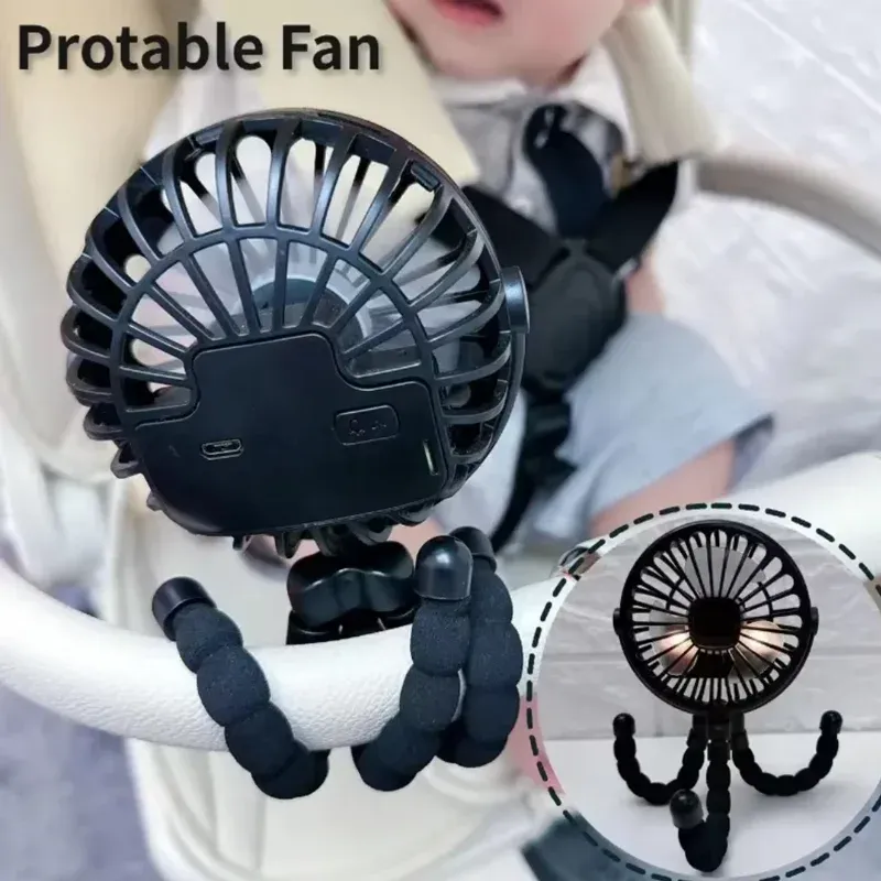 Ventilateur portable sur trépied à rotation 360°, silencieux, pour poussette, rechargeable par USB, idéal en extérieur - Image 1