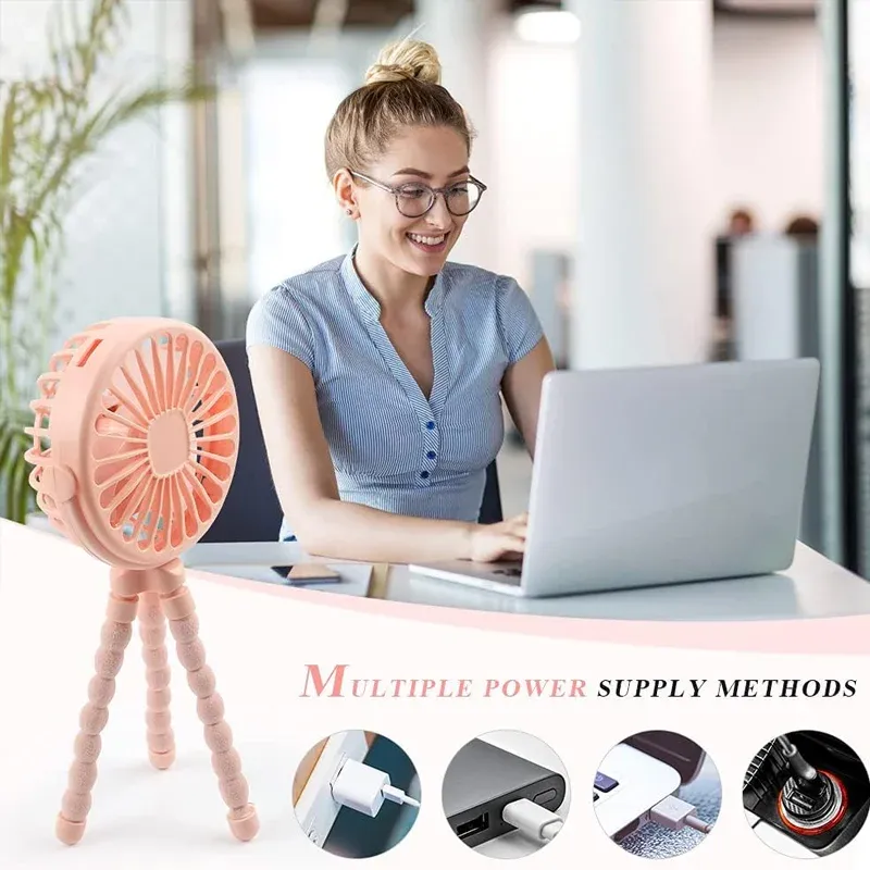 Ventilateur portable sur trépied à rotation 360°, silencieux, pour poussette, rechargeable par USB, idéal en extérieur 4