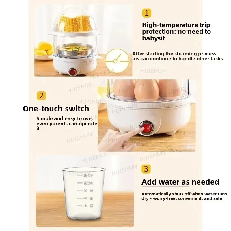 Cuiseur à œufs électrique double couche multifonctionnel, mini-appareil de cuisson pour petit-déjeuner, cuiseur vapeur et pocheur d'œufs 5