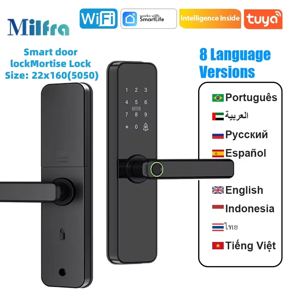 Serrure de porte intelligente Tuya Wi-Fi à empreinte biométrique, avec carte à puce, code d'accès, clé mécanique, télécommande et batterie d'urgence USB - Image 1
