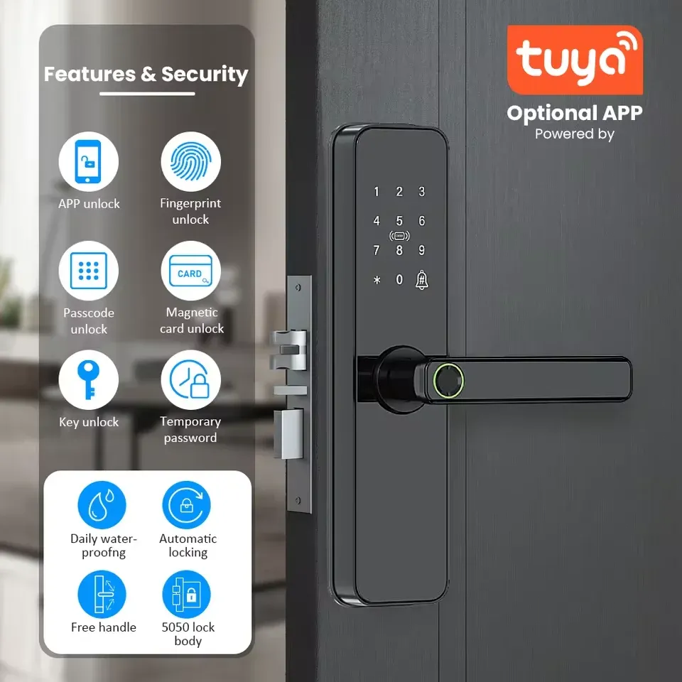 Serrure de porte intelligente Tuya Wi-Fi à empreinte biométrique, avec carte à puce, code d'accès, clé mécanique, télécommande et batterie d'urgence USB 2