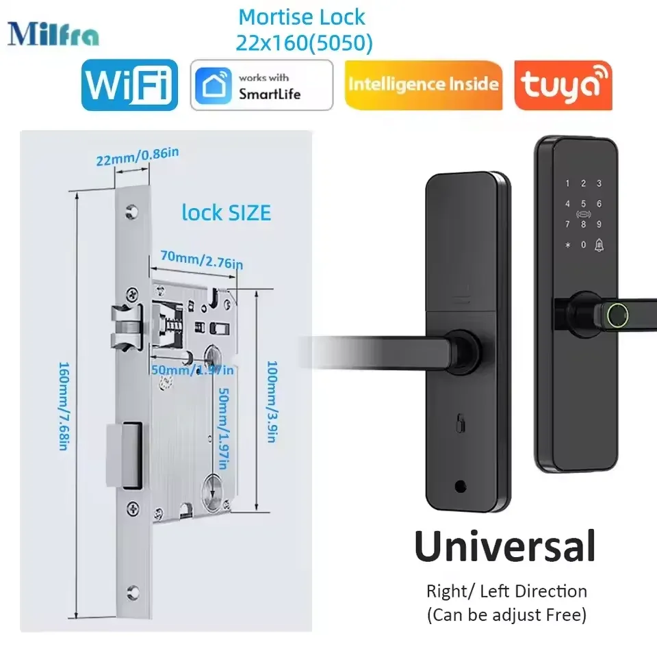 Serrure de porte intelligente Tuya Wi-Fi à empreinte biométrique, avec carte à puce, code d'accès, clé mécanique, télécommande et batterie d'urgence USB 7