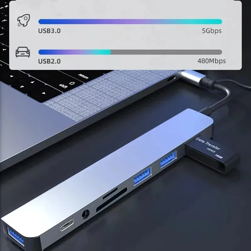 Hub USB Type-C 8 en 1 avec lecteur de cartes SD/TF, répartiteur USB 3.0/2.0, station d'accueil pour HUAWEI, Xiaomi et PC 3