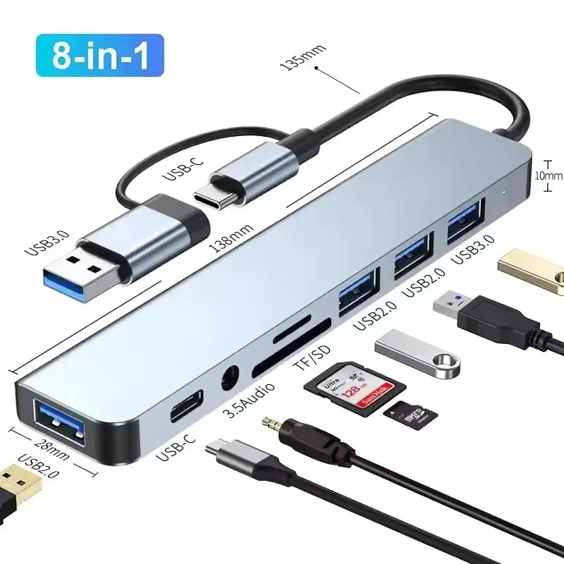 Hub USB Type-C 8 en 1 avec lecteur de cartes SD/TF, répartiteur USB 3.0/2.0, station d'accueil pour HUAWEI, Xiaomi et PC