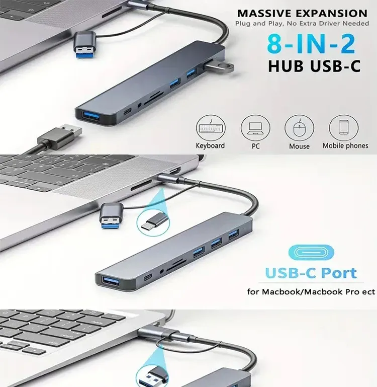 Hub USB-C 8 en 1 en situation d'utilisation