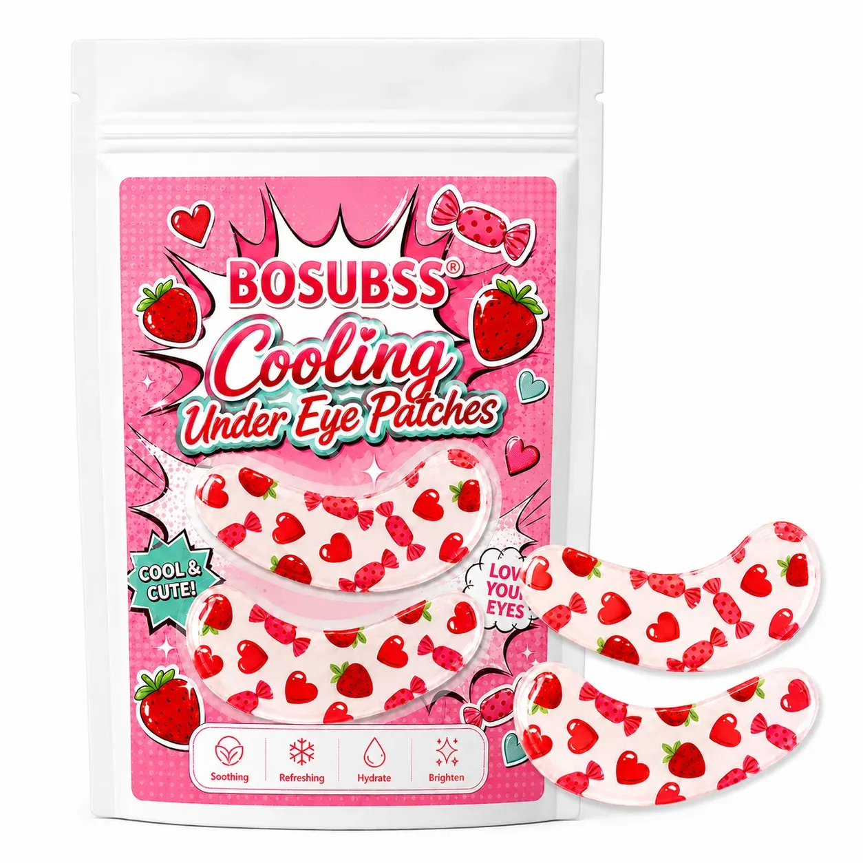 Patchs rafraîchissants pour les yeux à la fraise, vue d'ensemble