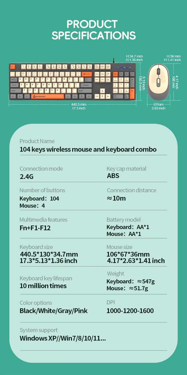 Ensemble clavier et souris sans fil Shipadoo, vue détaillée