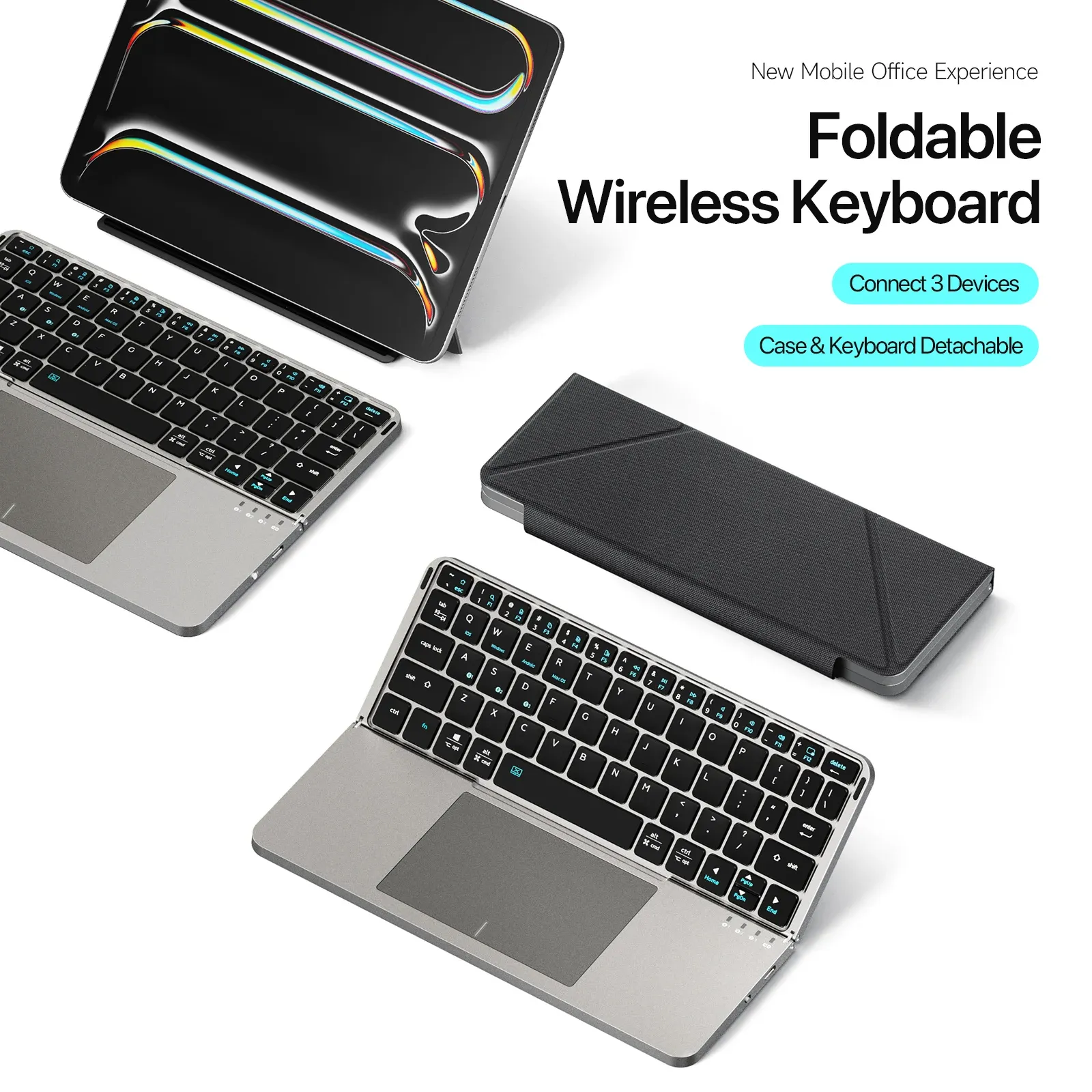 Clavier Bluetooth 5.0 pliable multifonction avec pavé tactile et support pour téléphone, tablette et PC