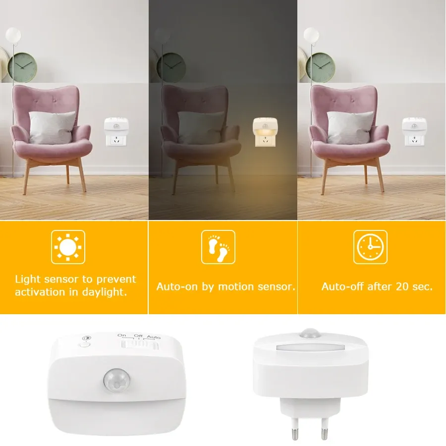 Veilleuse LED à détecteur de mouvement, prise UE/US, 3 modes, pour chambre, cuisine et couloir 5