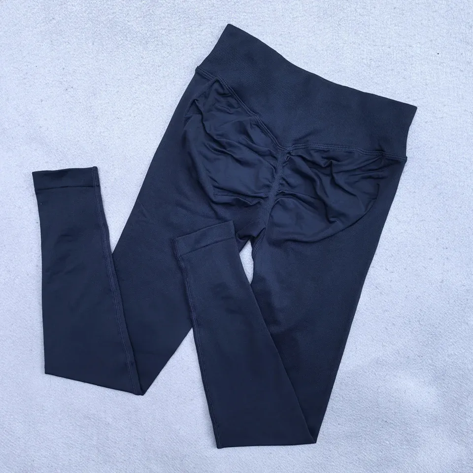 Legging de yoga sans couture pour femme à effet froissé, galbant, taille basse côtelée 5