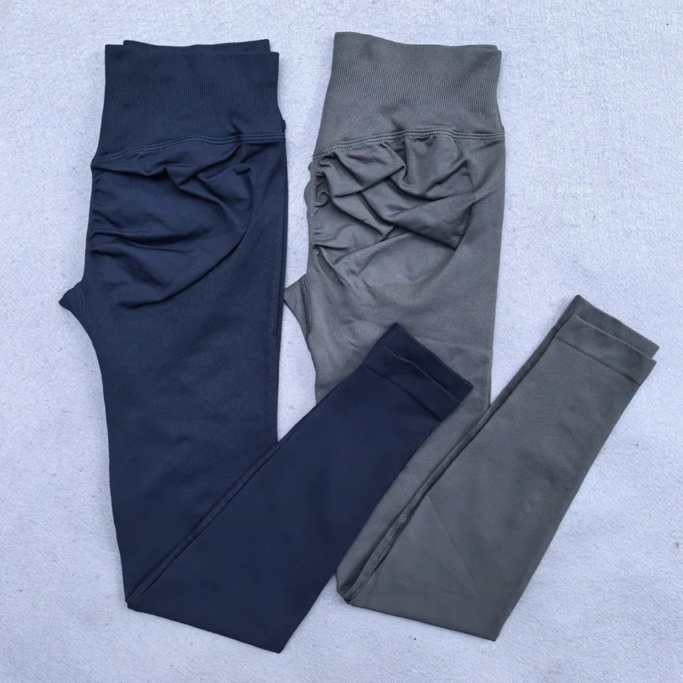 Legging de yoga sans couture pour femme à effet froissé, galbant, taille basse côtelée 4