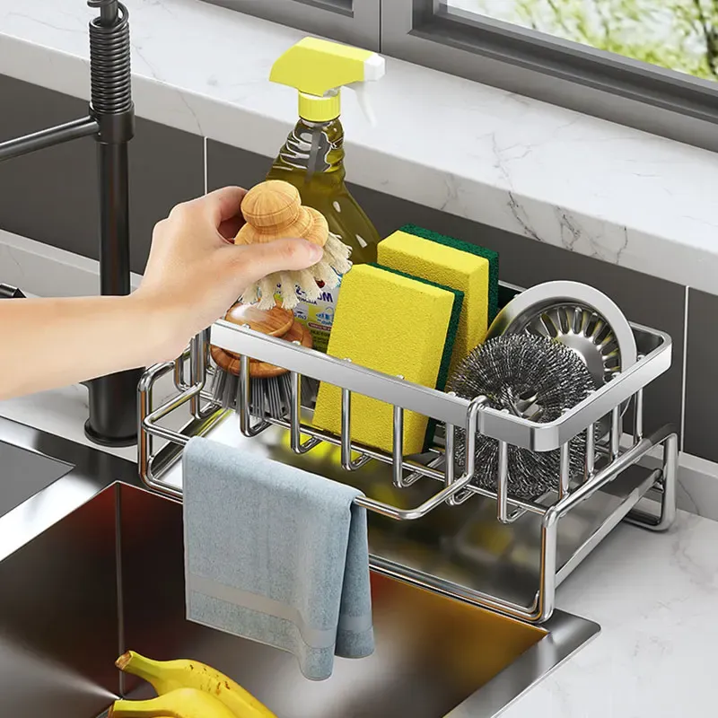 Support d'éponge de cuisine en acier inoxydable, égouttoir d'évier, porte-savon, porte-serviettes, étagère de rangement, accessoires de rangement pour salle de bain 4