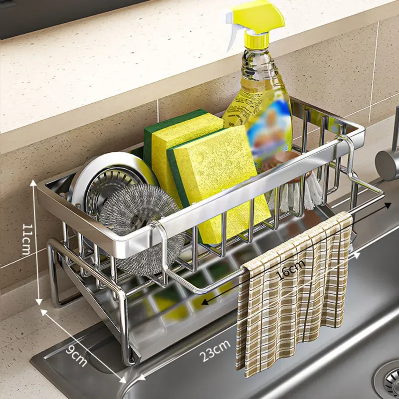 Support d'éponge de cuisine en acier inoxydable, égouttoir d'évier, porte-savon, porte-serviettes, étagère de rangement, accessoires de rangement pour salle de bain 9