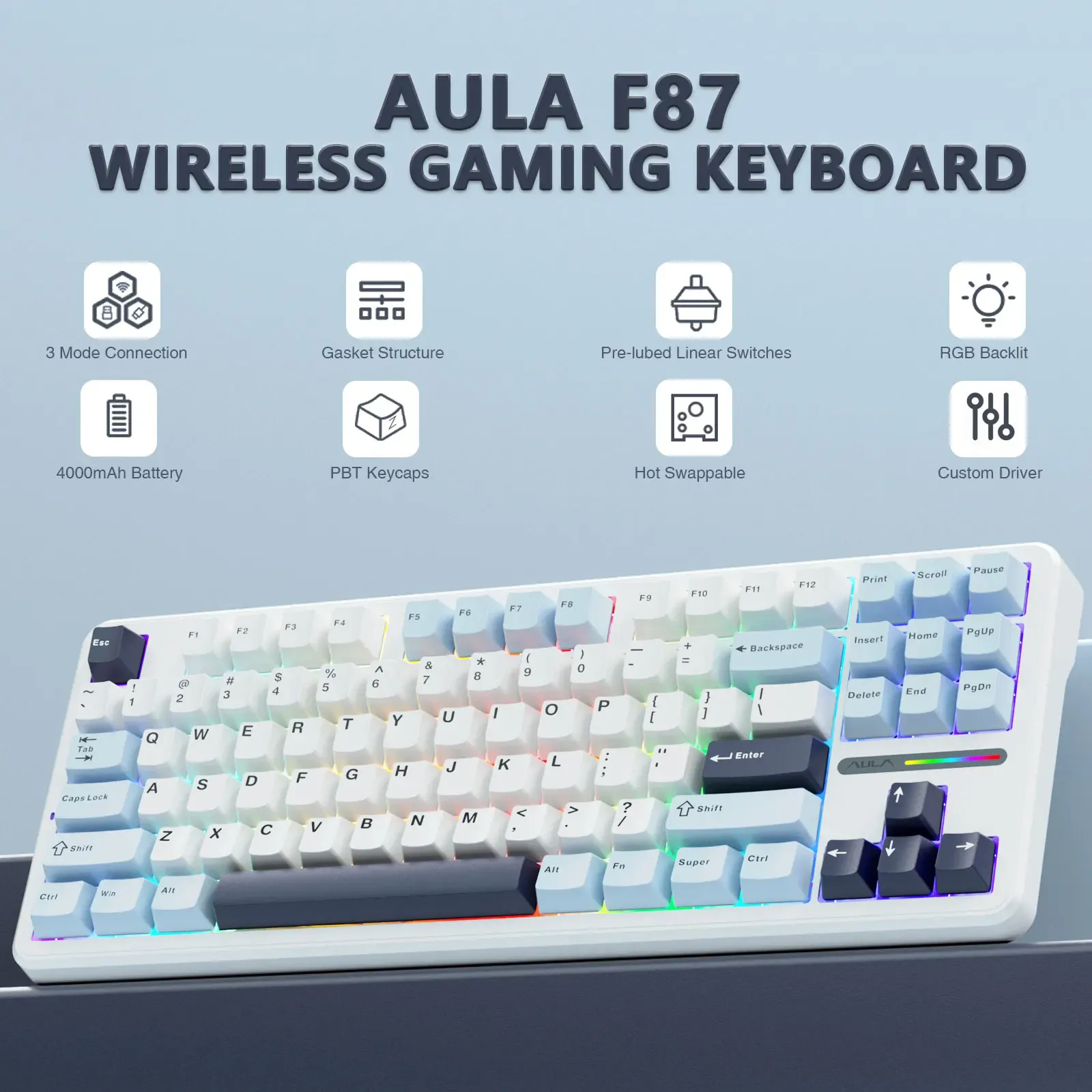 AULA F87 Pro Clavier mécanique de jeu sans fil 75 % avec disposition TKL, joint, échange à chaud, rétroéclairage RVB, Bluetooth, personnalisable, nouveaux coloris 2024 2